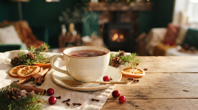 Enjoying tea with spices on a wooden table near a warm fire during the winter season