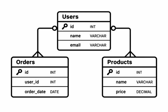 Black and White Relational Database Schema with Users, Orders and Products Tables