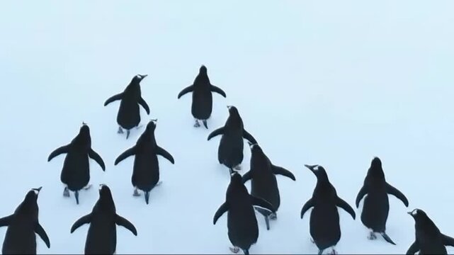 Group of wild penguins walking together across vast white snow field