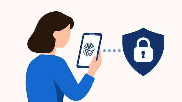 Secure passwordless access. Person using smartphone with fingerprint and protective shield