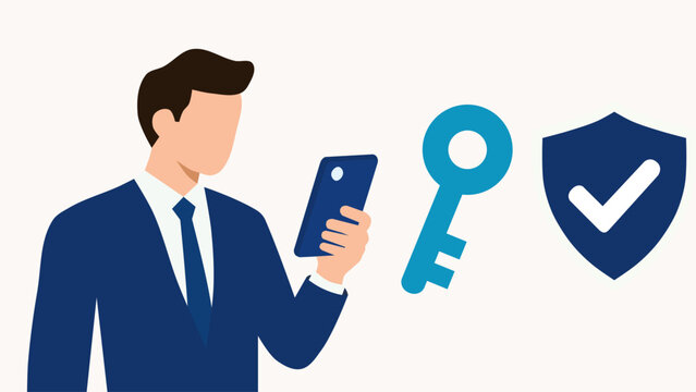 Passwordless business security. Business person with smartphone, digital key and shield