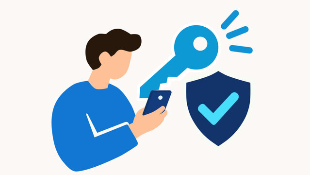 Secure account access. Person using smartphone with digital key and shield. Identity protection concept
