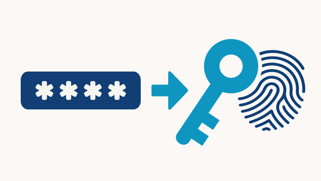 Password replacement. Digital key and fingerprint authentication. Passwordless login security concept