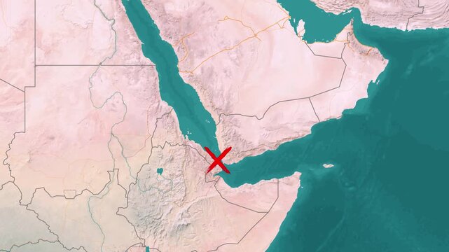 Red Sea Bab el Mandeb strait blockade and maritime shipping conflict map animation with red cross