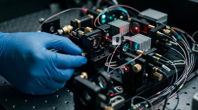 Macro view of complex electronic circuitry and precision engineering mechanism detailed close up with wiring and metallic components