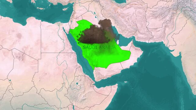 Motion graphic map animation of explosion and missile impact on Saudi Arabia in Middle East
