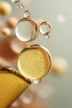 Macro view of floating golden oil bubbles and liquid serum drops with microscopic air bubbles
