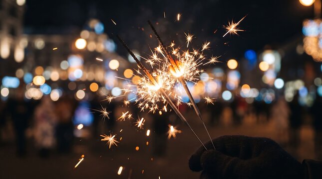 A person holding two lit sparklers in their hand during the night at a city street with burning sparklers emitting