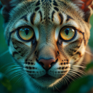 Wild cat face fills frame with striking eyes and detail in natural setting during daytime