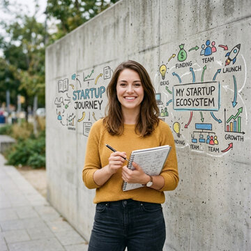 Young woman with notebook and pen in front of a concrete wall with startup ecosystem diagram