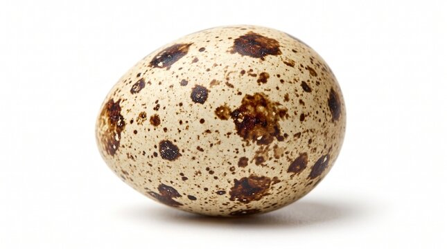 Single fresh quail egg with brown spots isolated on a clean white