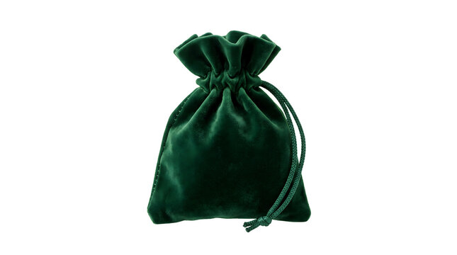 A small dark green velvet drawstring bag closed and cinched ideal for jewelry gifts or small valuables on a transparent background.