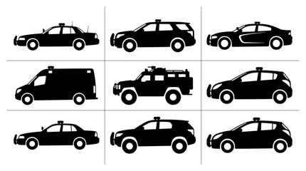 Police car silhouettes set with sedan, SUV, van and armored vehicle for law enforcement and security © Samanta