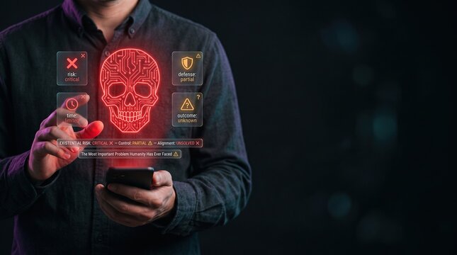 Artificial Intelligence Existential Risk Concept with Glowing Red Geometric Circuit Skull, Critical Warning Symbols and Unresolved Superintelligence Safety Concerns