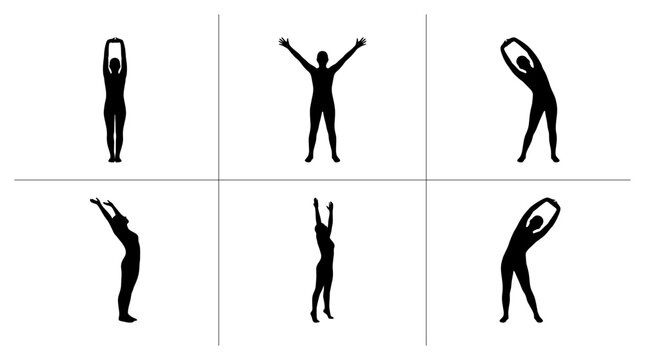 Woman stretching silhouettes set with arms up, side bend and backbend for fitness and yoga