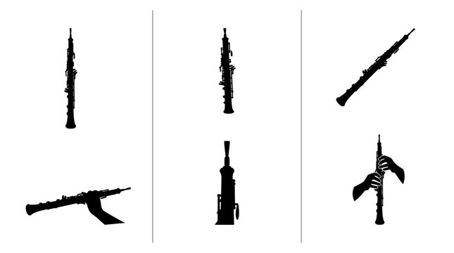 Oboe silhouettes set with instrument in different poses and hands playing for music and concert design