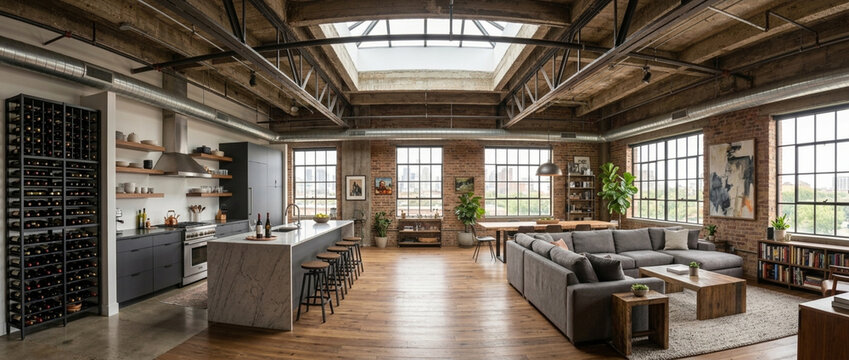 Spacious loft apartment with industrial design open plan kitchen and living area skylights brick walls and city view