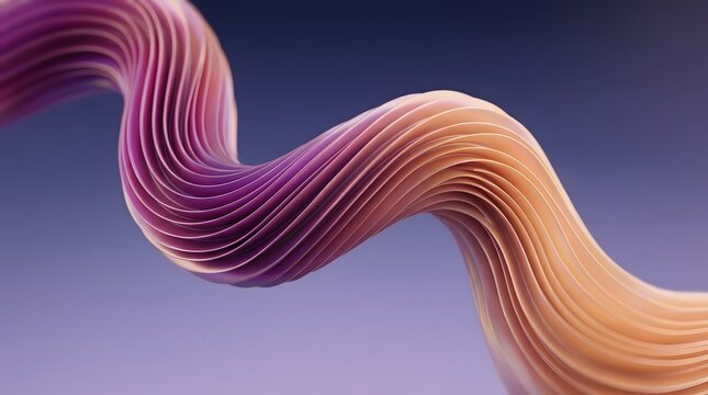 Elegant abstract 3D rendered wave of flowing layered ribbons in soft purple and peach tones against a smooth gradient background, perfect for modern digital design, web banners, app interfaces