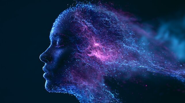 Side profile of a feminine face dissolving into glowing blue and