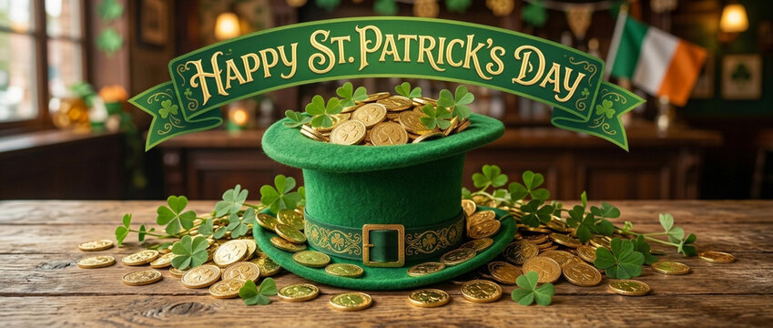 St Patricks Day Celebration Lucky Green Hat Filled with Gold Coins and Shamrocks