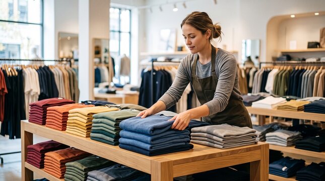 Shop Assistant Folding Sweaters in a Modern Clothing Store
