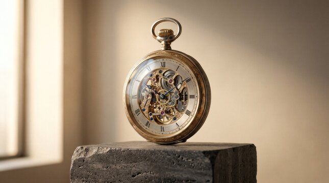 Gold skeleton pocket watch with exposed gear mechanism on dark stone pedestal for horology luxury product display.