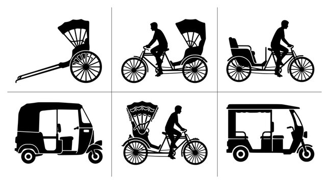 Rickshaw and auto rickshaw silhouettes set with figures for transport and travel logo