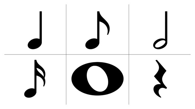 Musical note silhouettes set with eighth note, sixteenth note, whole note, and rest for music design