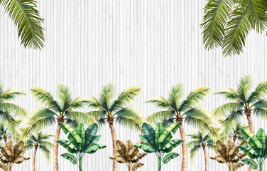 White Wooden Panel Tropical Palm Tree Wall Mural Design © Door art