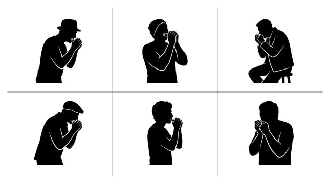 Harmonica player silhouettes set with figures playing music for logo, signage, app and web