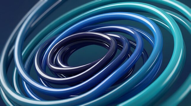 Abstract composition of glossy blue and teal tubes arranged in concentric spirals, featuring smooth reflective surfaces, soft studio lighting, and a modern digital art style suitable for technology
