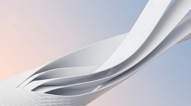 Elegant white architectural curves flow gracefully against a soft pastel gradient sky, creating a serene and minimalist composition with smooth lighting, ideal for modern design, technology