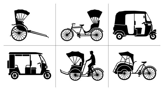Rickshaw silhouettes set with auto rickshaws and cycle rickshaws for transport signage