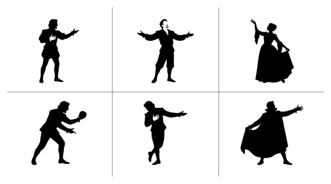 Theater actor silhouettes set with dramatic poses, Shakespearean drama and performance for logo