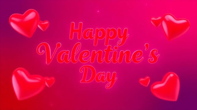 Happy Valentine's Day video animation written in a glowing neon script, with many red hearts floating and twinkling, set against a vibrant pink and purple gradient background, romantic animation