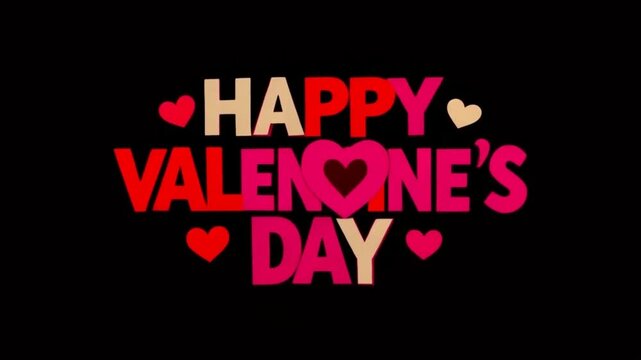 Happy valentines day video animation typography design featuring colorful bold letters bouncing and hearts exploding on black background perfect for social media holiday greeting video clip