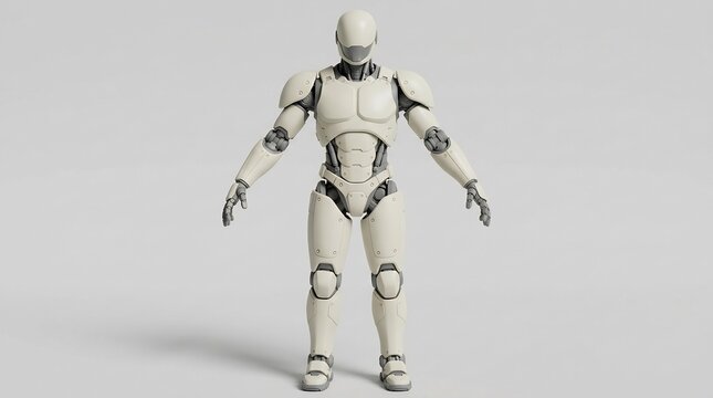 Humanoid robot standing in A-pose with white armor and grey