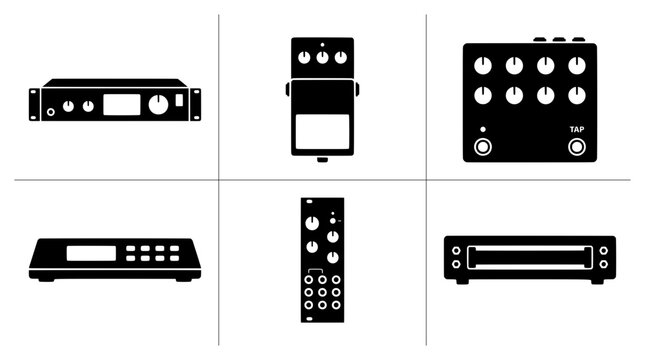 Audio equipment silhouettes set with rack unit, guitar pedal, remote control and amplifier for music production or sound design