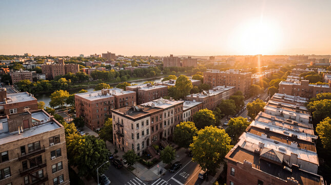 Golden hour sun flares over a city neighborhood with apartment buildings and trees.
