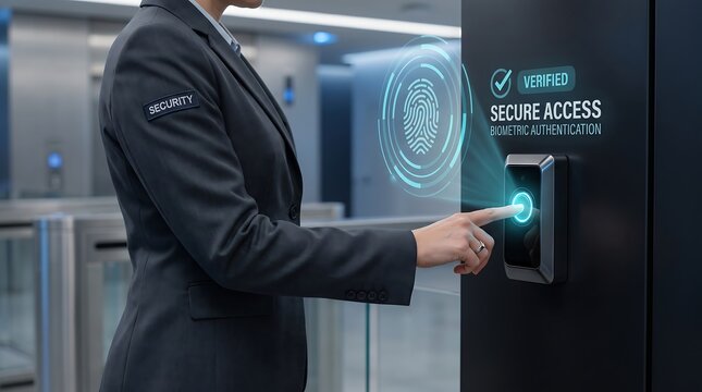 Professional business person using a biometric fingerprint scanner for secure office building access and identity authentication