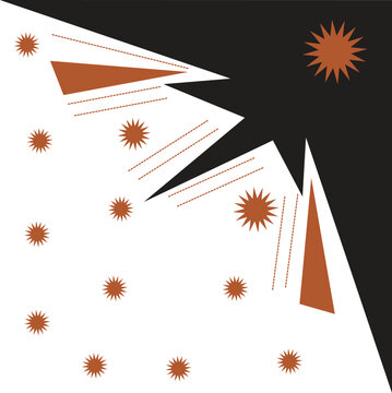 Abstract geometric star PNG illustration featuring modern black and white shapes with brown sunburst elements and lines isolated on a background.   