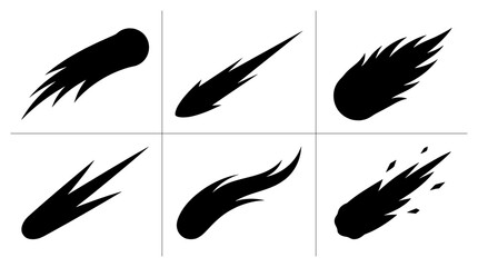 Comet silhouettes set with streaking tails and cosmic energy for science and space themes © Kazol