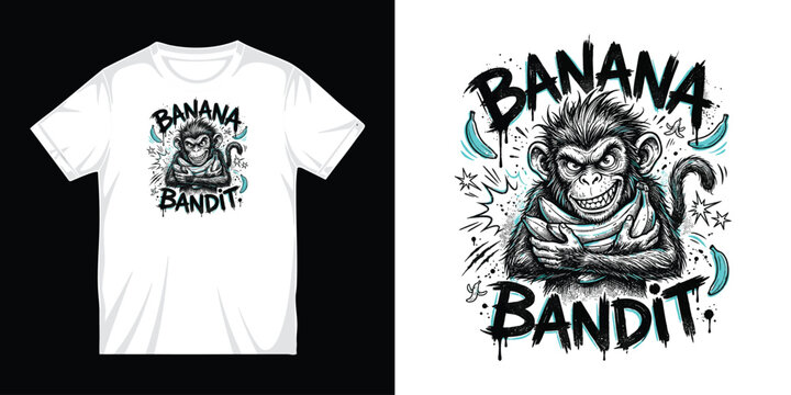 Chimpanzee monkey character t shirt vector design features hand drawn sketch illustration holding bananas in street art style for urban apparel.