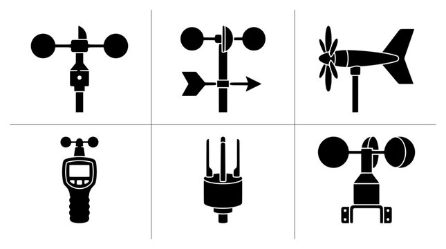 Anemometer silhouettes set with wind speed meters and weather instruments for science and industry