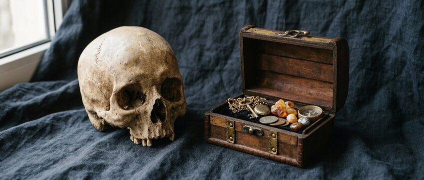 Pirate Treasure Chest with Skull Ancient Artifacts and Gold Coins