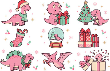 Cute Pink Christmas Dinosaur Sticker Set with Kawaii Dino Characters Wearing Santa Hats and Present Boxes for Holiday Greeting Card Designs © rihan