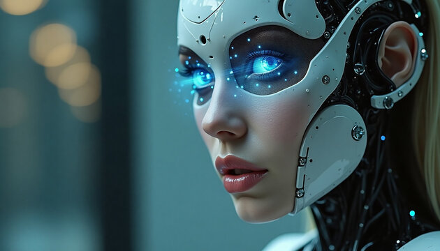 cybernetic woman with futuristic bionic white face, mechanical neck, and glowing blue holographic eyes
