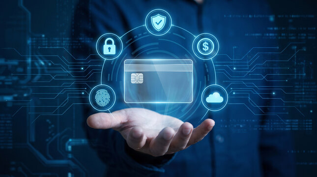Businessman hand holding virtual credit card with glowing digital security icons and futuristic circuit board lines for online banking and financial transactions payment process