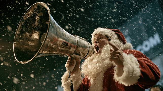 Santa Claus with a megaphone, announcing with a spirited expression amidst falling snow, capturing the festive spirit of the holiday season.