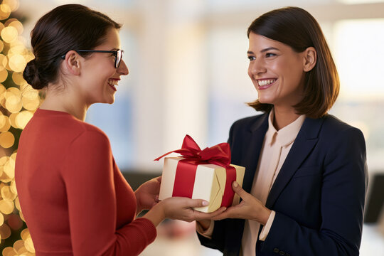 A thoughtful woman presents a beautifully wrapped gift with a red ribbon to her colleague, both smiling warmly in a festive office environment, suggesting a moment of appreciation and holiday cheer.
